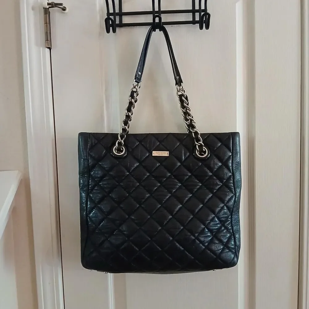 Kate Spade New York Gold Coast Sierra Black Quilted Leather Tote Bag Chain Strap